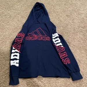 Blue adidas sweatshirt with red and white text